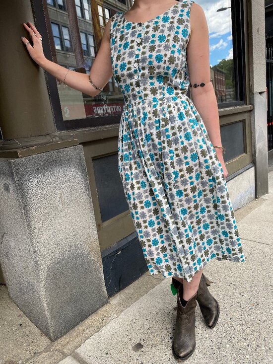 True Vintage Dresses & Skirts - Vintage 1950s White/Blue/Grey Cotton Floral Sundress -Size 4/6 with 36 inch Bust